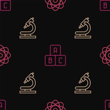 Set line Atom, Microscope and ABC blocks on seamless pattern. Vector 库存插图