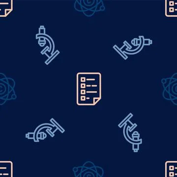 Set line Atom, Microscope and Clipboard with checklist on seamless pattern Stockillustratie