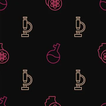 Set line Atom, Microscope and Test tube on seamless pattern. Vector Stock Illustration