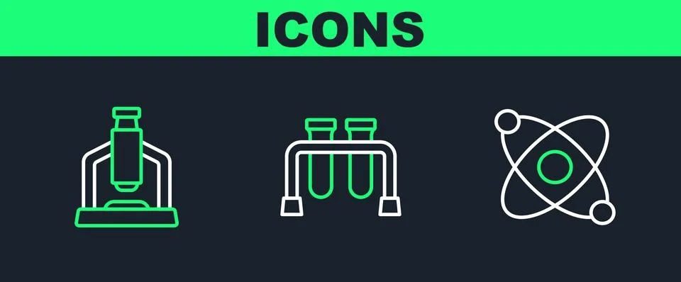 Set line Atom, Microscope and Test tube icon. Vector Illustrazione stock