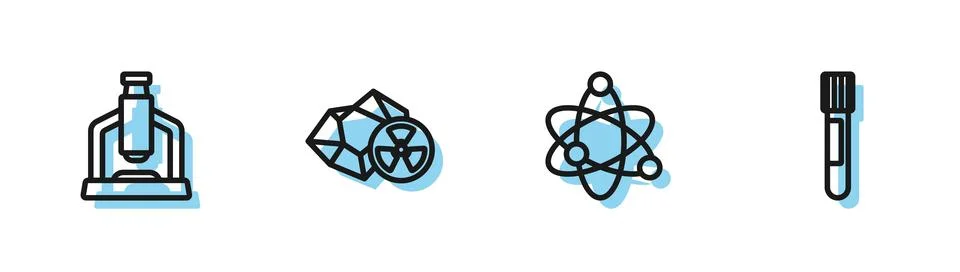 Set line Atom, Microscope, Radioactive and Test tube icon. Vector Illustrazione stock