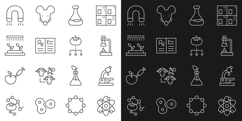 Set line Atom, Microscope, Test tube flask on fire, and, Clinical record Stock Illustration