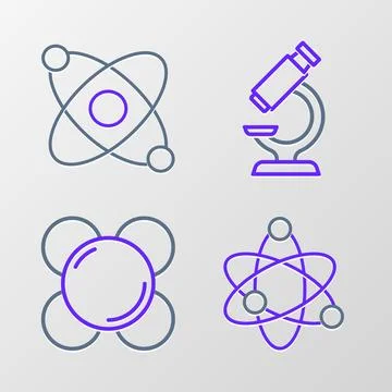 Set line Atom, Molecule, Microscope and  icon. Vector Illustrazione stock