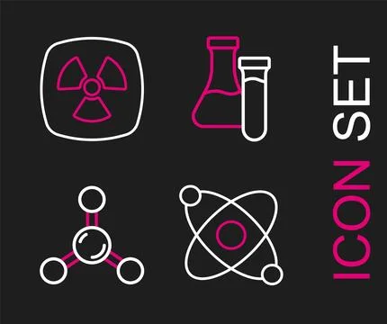 Set line Atom, Molecule, Test tube and Radioactive icon. Vector Stock Illustration