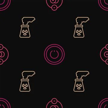Set line Atom, Nuclear power plant and Power button on seamless pattern. Vector Illustrazione stock