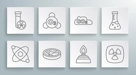 Set line Atom, Ozone, Petri dish with bacteria, Alcohol or spirit burner, Rad 库存插图
