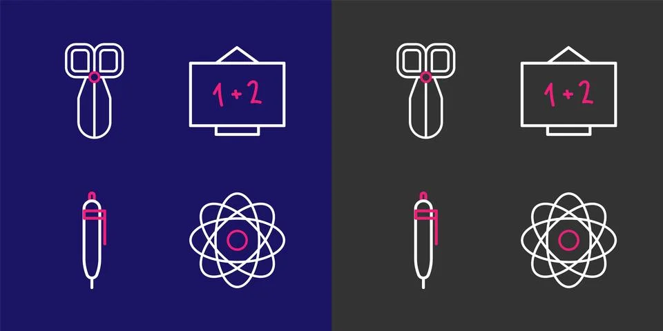 Set line Atom, Pen, Chalkboard and Scissors icon. Vector Stock Illustration