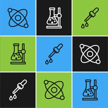 Set line Atom, Pipette and Test tube flask on stand icon. Vector Stock Illustration