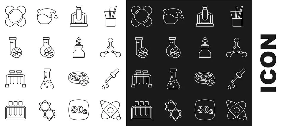 Set line Atom, Pipette, Molecule, Microscope, Test tube with toxic liquid, .. 스톡 일러스트