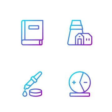 Set line Atom, Pipette, Science book and Power station plant. Gradient color Ilustração Stock