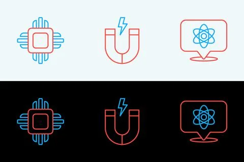 Set line Atom, Processor CPU and Magnet icon. Vector Stockillustratie
