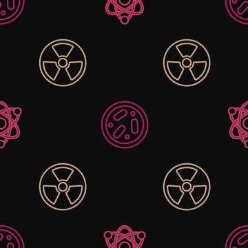 Set line Atom, Radioactive and Petri dish with bacteria on seamless pattern イラスト素材