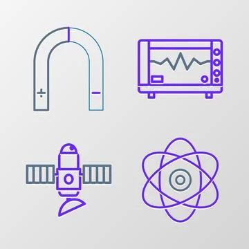 Set line Atom, Satellite, Computer monitor with cardiogram and Magnet icon... Stock-Illustration