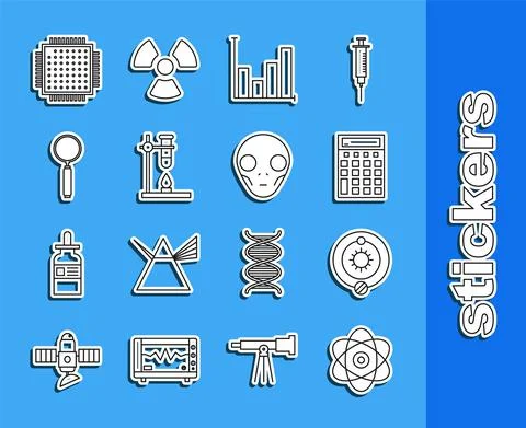 Set line Atom, Solar system, Calculator, Pie chart infographic, Glass test tube Stock Illustration