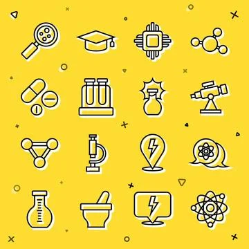 Set line Atom, Telescope, Processor CPU, Test tube, Medicine pill tablet, M.. Stock Illustration