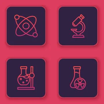 Set line Atom, Test tube flask on stand, Microscope and with toxic liquid. Bl イラスト素材