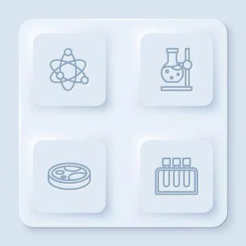 Set line Atom, Test tube flask on stand, Petri dish with bacteria and . White Illustrazione stock