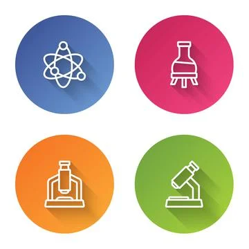 Set line Atom, Test tube, Microscope and . Color circle button. Vector イラスト素材