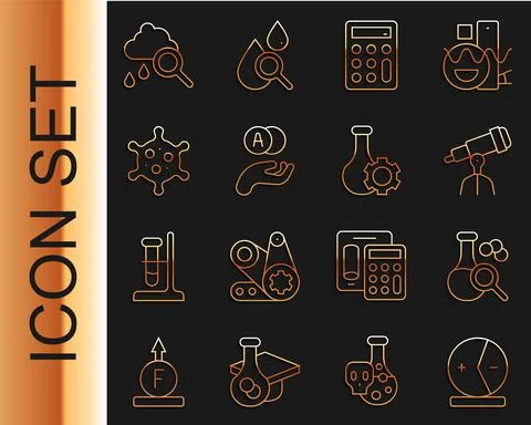 Set line Atom, Test tube, Telescope, Calculator, Virus, Cloud with rain and icon Stock Illustration