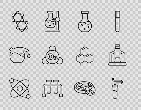 Set line Atom, Test tube, Molecule, Ozone, with toxic liquid and Microscope icon 스톡 일러스트