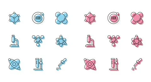 Set line Atom, Test tube flask on stand, Molecule, Pipette, Microscope and Stock Illustration