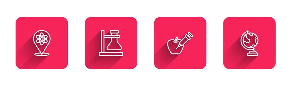 Set line Atom, Test tube flask on stand, Genetically modified apple and Earth Stock Illustration