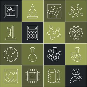 Set line Atom, Test tube with toxic liquid, Virus, Graph chart infographic Stock Illustration