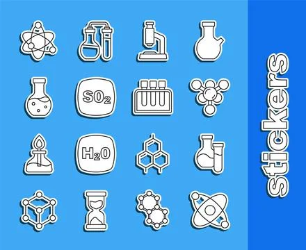 Set line Atom, Test tube, Molecule, Microscope, Sulfur dioxide SO2, and icon イラスト素材