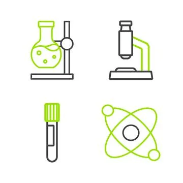 Set line Atom, Test tube, Microscope and flask on stand icon. Vector Illustrazione stock