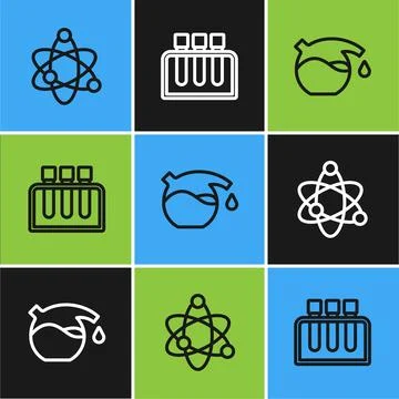 Set line Atom, Test tube and icon. Vector Illustrazione stock