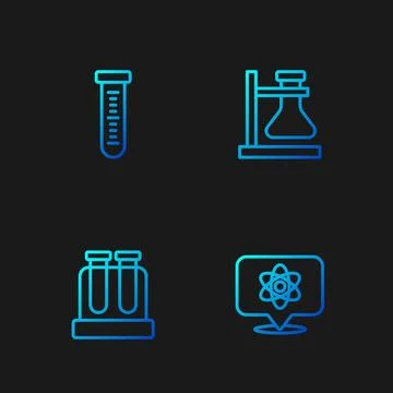 Set line Atom, Test tube, and flask on stand. Gradient color icons. Vector Stock Illustration