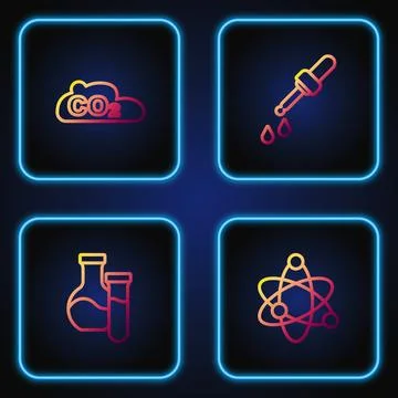 Set line Atom, Test tube, CO2 emissions in cloud and Pipette. Gradient colo.. イラスト素材