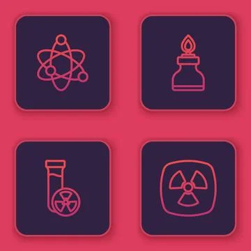 Set line Atom, Test tube with toxic liquid, Alcohol or spirit burner and Ra.. Illustrazione stock