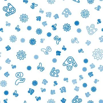 Set line Atom, Timing belt kit and Virus on seamless pattern. Vector Illustrazione stock