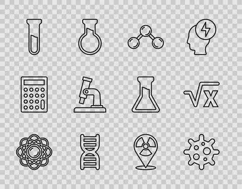 Set line Atom, Virus, Molecule, DNA symbol, Test tube and flask, Microscope Illustrazione stock