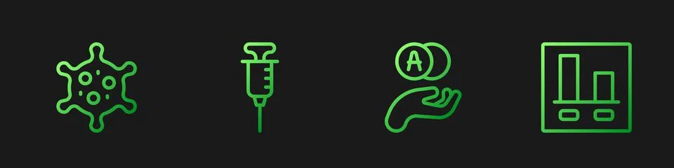 Set line Atom, Virus, Syringe and Graph chart infographic. Gradient color icons Stock Illustration