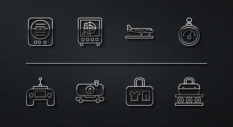 Set line Attitude indicator, Drone remote control, Barometer, Suitcase, Fuel Stock Illustration