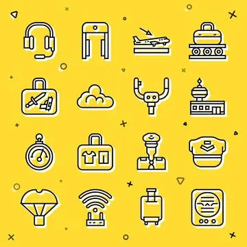 Set line Attitude indicator, Pilot hat, Airport control tower, Plane landing Stock Illustration