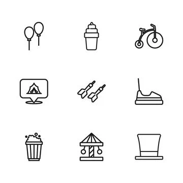 Set line Attraction carousel, Bumper, Cylinder hat, Dart arrow, Vintage bic.. Stock Illustration