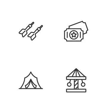 Set line Attraction carousel, Circus tent, Dart arrow and ticket icon. Vector Stock Illustration