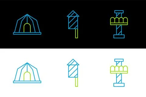 Set line Attraction carousel, Circus tent and Firework rocket icon. Vector Stock Illustration