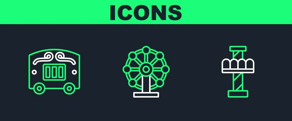Set line Attraction carousel, Circus wagon and Ferris wheel icon. Vector Stock Illustration