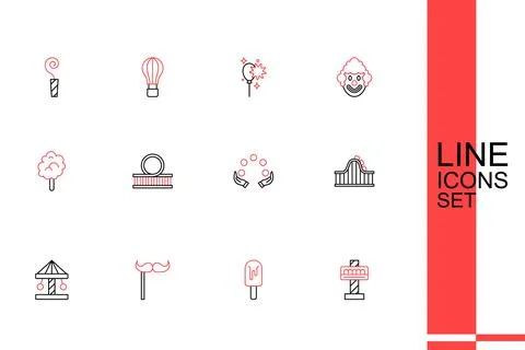 Set line Attraction carousel, Ice cream, Paper mustache stick, Roller coast.. Stock Illustration
