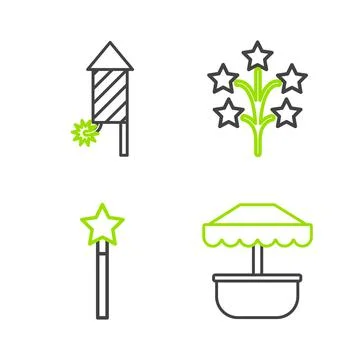 Set line Attraction carousel, Magic wand, Fireworks and rocket icon. Vector Illustrazione stock