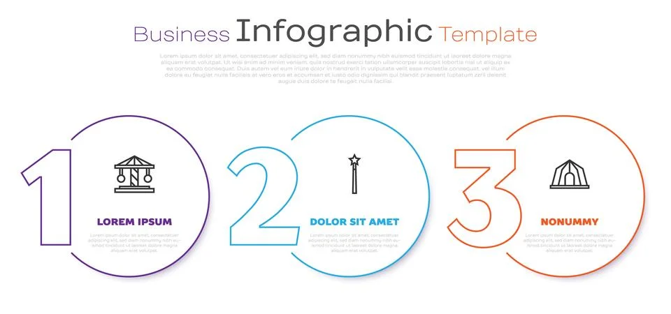 Set line Attraction carousel, Magic wand and Circus tent. Business infographic Illustrazione stock