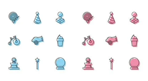 Set line Attraction carousel, Magic wand, Classic dart board arrow, ball, Cannon Stock Illustration