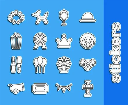 Set line Attraction carousel, Monkey, Clown head, Circus fire hoop, Target Stock-Illustration