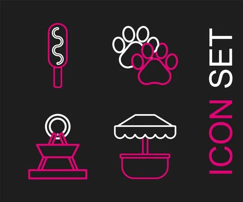Set line Attraction carousel, Paw print and Corn dog icon. Vector Illustrazione stock