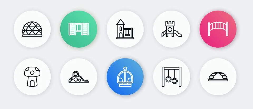 Set line Attraction carousel, Playground kids bridge, Mushroom house, Gymna.. Illustrazione stock