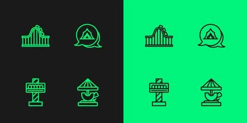 Set line Attraction carousel, Roller coaster and Circus tent icon. Vector イラスト素材